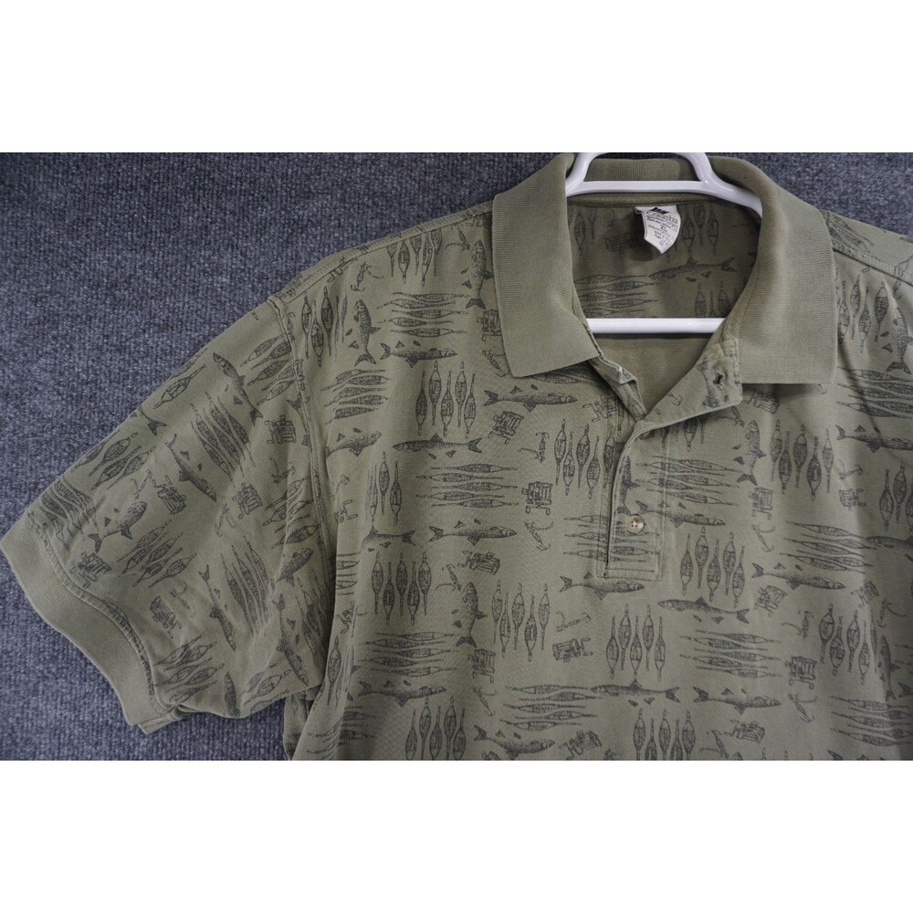 Columbia Polo Shirt Mens XS Green Vintage Fish Pattern Cotton Short Sleeve